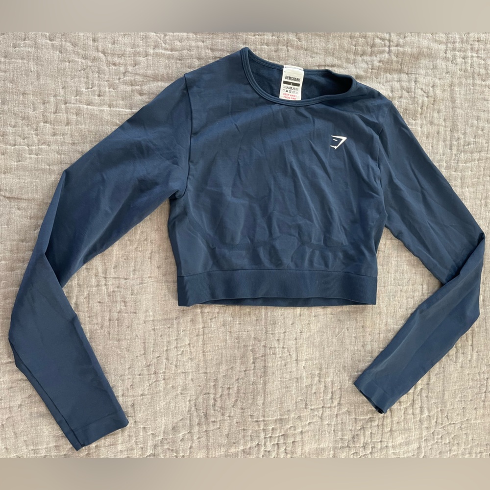 Gymshark Navy Blue Long Sleeve Crop Top Small Nylon Elastane Blend Activewear